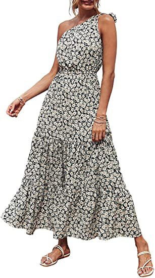 Floral Print Twist Slanted Shoulder Strapless Smocked Swing Dress Vacation Wholesale Maxi Dresses