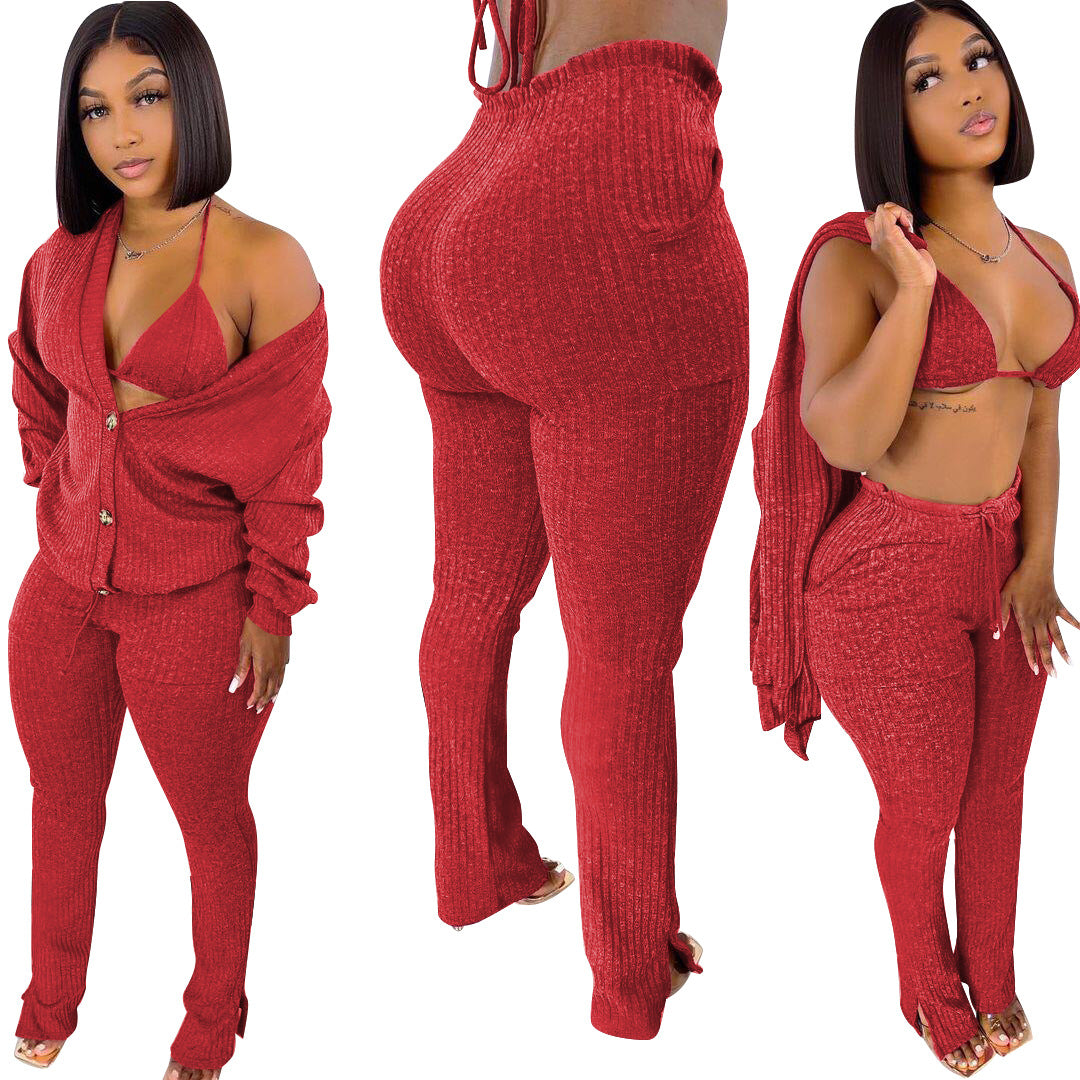 3pcs Solid Wholesale Women Sets Cardigan Bra Pants