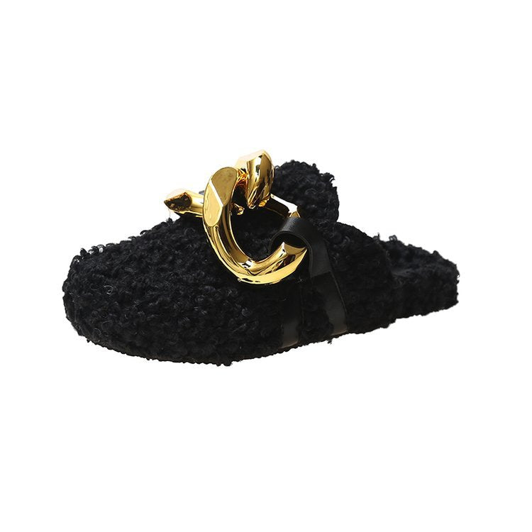 Chain Furry Half Slippers Mules Wholesale Shoes Fashion Warm Plush Slippers