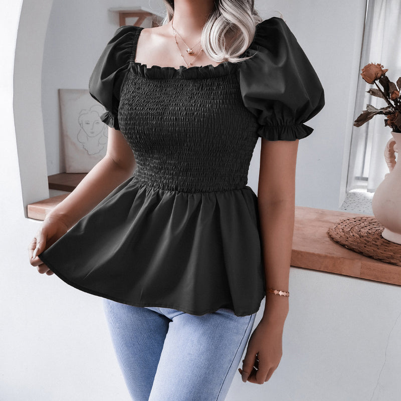 Solid Color Casual Lantern Sleeve Ruffled Elasticity Design Blouse Wholesale T Shirts Womens Tops