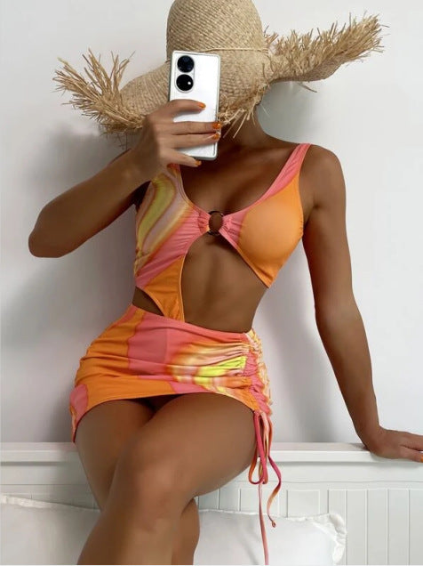 Printed Sexy Bikini & Drawstring Skirt Swimsuit Beachwear 2pcs Sets Womens Swimsuit Wholesale Vendors