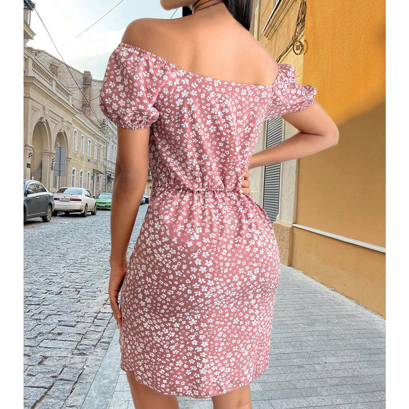 Floral Print Lace Up Summer Retro Midi Dress Chic Puff Sleeve Wholesale Dresses Off Shoulder