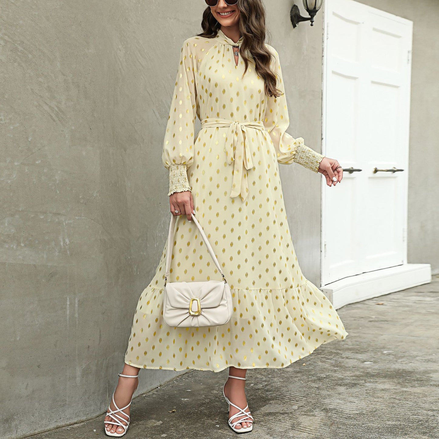 Fashion Polka Dot Bronzing High Neck Swing Dress Wholesale Dresses