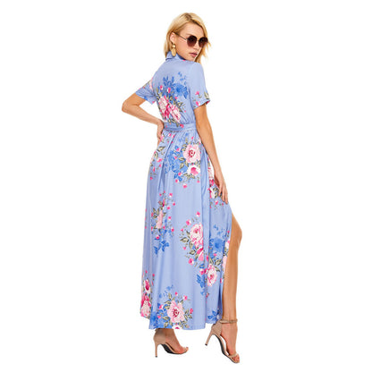 Lapel Short Sleeve Floral Print Lace-Up Shirtdress Wholesale Maxi Dresses