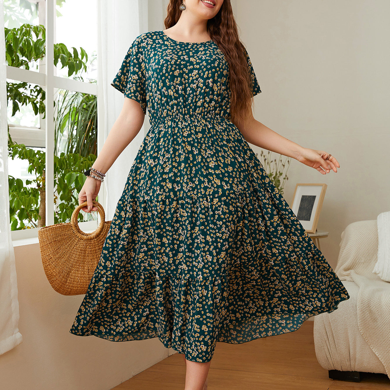 Round Neck Plus Size Printed Wholesale Dresses