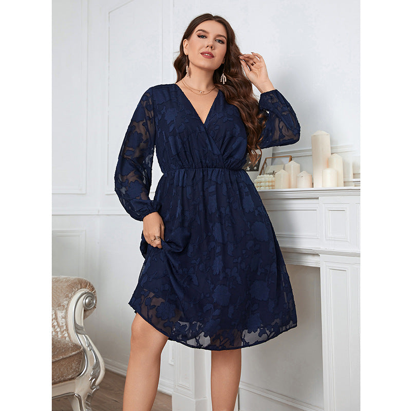 Long Sleeve V Neck Curvy A-Line Dresses Wholesale Plus Size Clothing