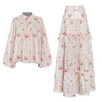 Retro Victoria Style Floral Print Chiffon Shirts & Maxi Smocked Vintage Vacation Wholesale Womens 2 Piece Sets