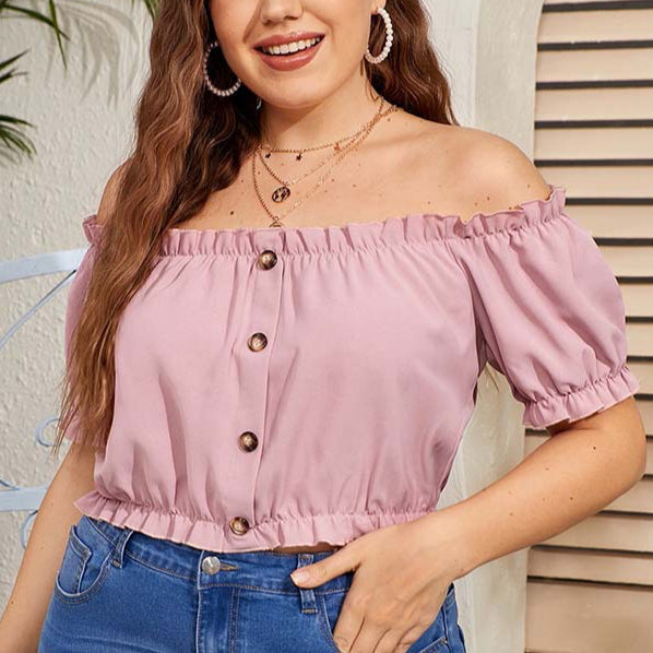 Sexy Off-Shoulder Crop Tops Solid Color Short Sleeve Wholesale Plus Size Clothing