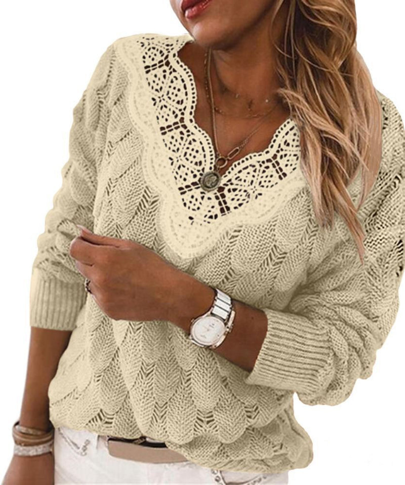 Solid Color Trendy V Neck Long Sleeve Knit Lace Womens Tops Wholesale Sweater Vendors Casual