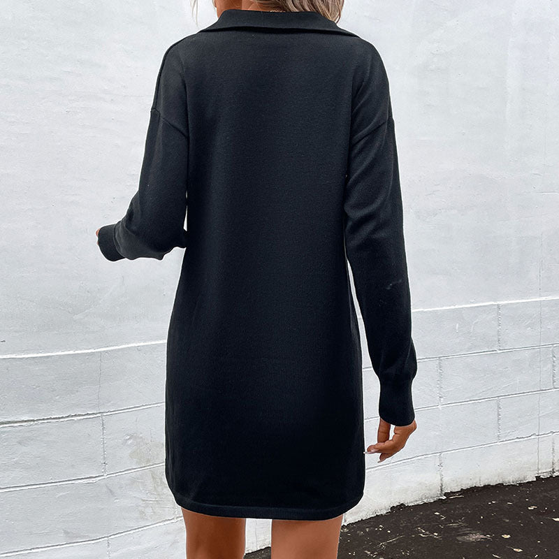 Long Sleeve Solid Color Lapel Zipper T-Shirt Knit Dress Wholesale Dresses