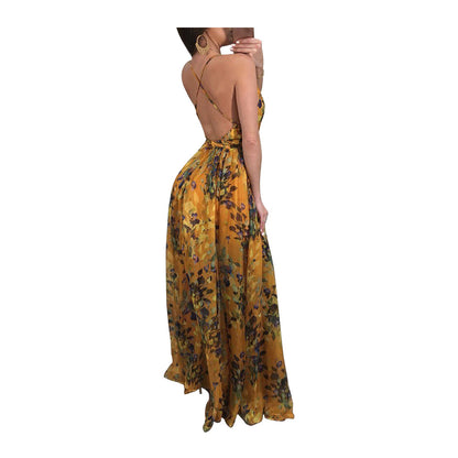 Fashion Print Deep V Neck Open Back Chiffon Beach Sling Wide Swing Dress Sexy Wholesale Maxi Dresses