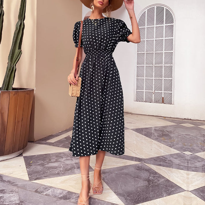 Women Fashion Short Sleeve Polka Dot Print Wholesale Swing Dresses With Pockets Summer