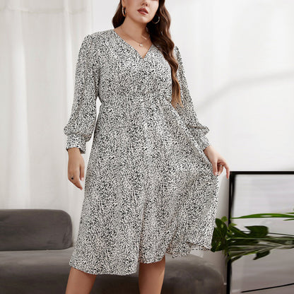 Wholesale Plus Size Women Clothing Leopard Print Slim V-Neck Long Sleeve Midi Dress