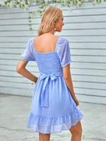 Solid Color V-Neck Waist Short-Sleeve Ruffled Dress Wholesale Dresses