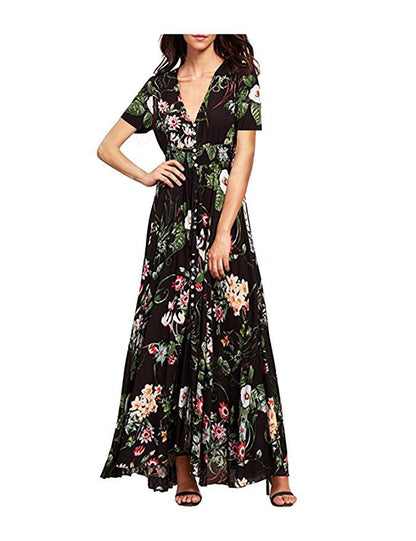 Printed Retro V-Neck Wide Hem Slit Design Vacation Dress Trendy Wholesale Maxi Dresses