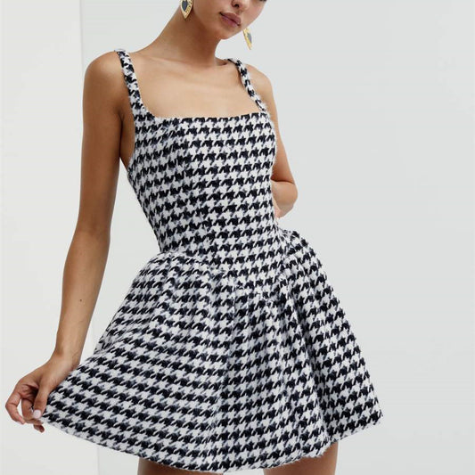 Houndstooth Suspender Mini Dress A-Line High Waist Slim Wholesale Dresses