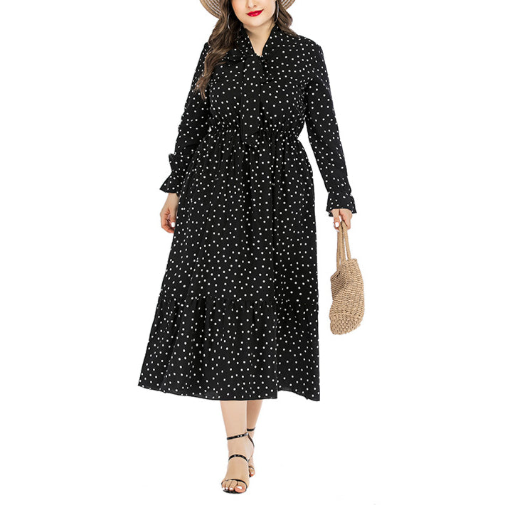 Polka Dot Print Tie-Up Bowknot Curvy Dresses Wholesale Plus Size Clothing