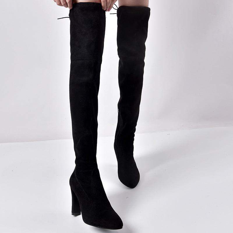 Pointed Toe Thick Heel Solid Color Elastic Over The Knee Boots Wholesale Women Shoes