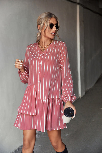 Striped Long Sleeve Irregular Ruffled Dress Wholesale Dresses