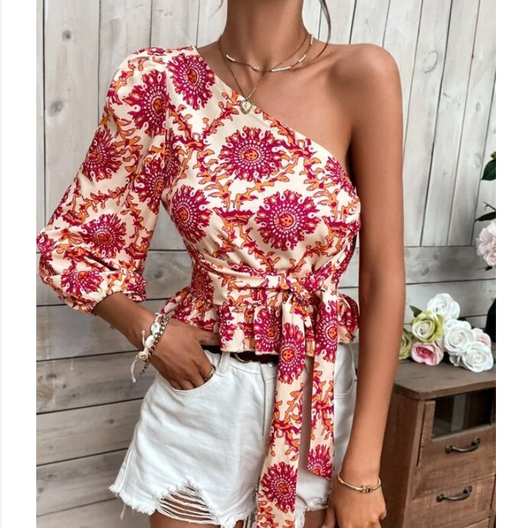 Mandala Print Balloon Sleeve Slanted Shoulder Ruffled Tie-Up Womens Shirts Fashion Wholesale Crop Tops