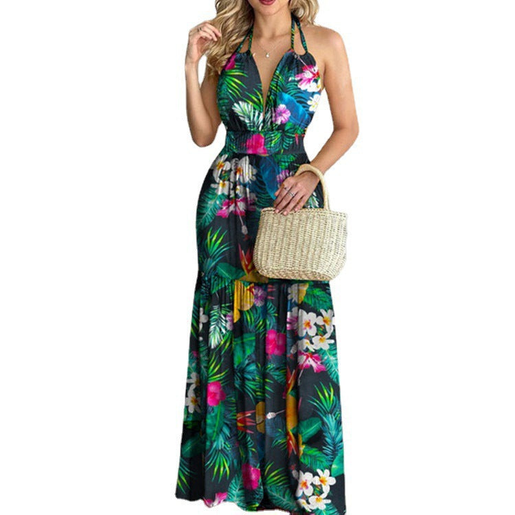 Halterneck Floral Print Sling Resort Sundresses Nipped Waist Backless Swing Dress Sexy Wholesale Maxi Dresses