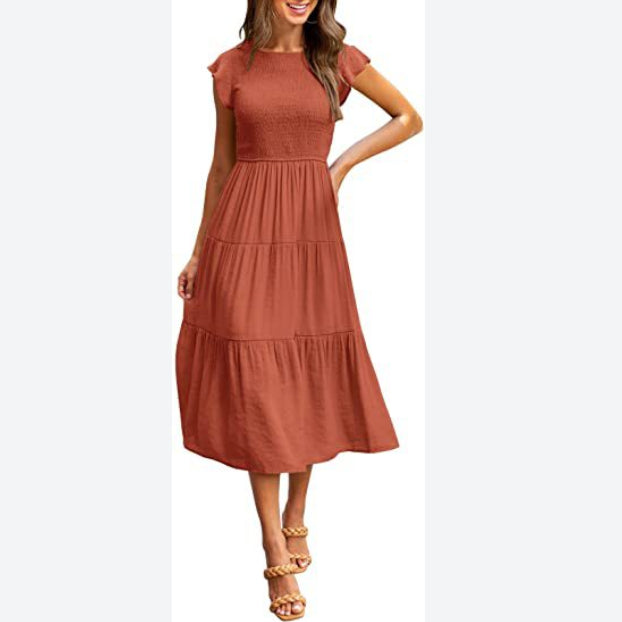 Summer Solid Color Frill Sleeve Mid-Length Swing Smocked Dress Casual Wholesale Dresses SD531065