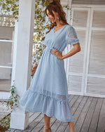 Elegant V Neck Flocking Midi Dress Short Sleeve High Waist Solid Color Wholesale Dresses