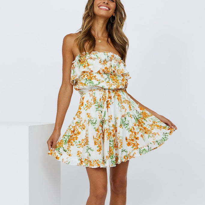 Floral Print Off Shoulder Backless Ruffles Wide Swing Wrap Mini Tube Dress Holiday Sexy Wholesale Dresses