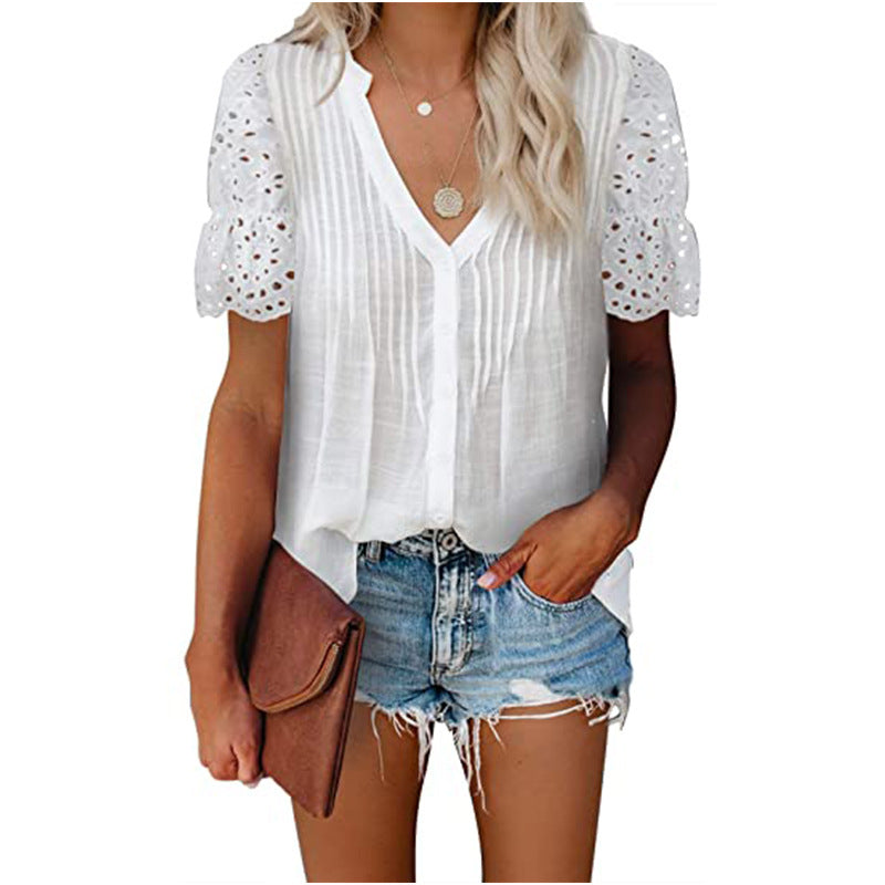 Lace Hollow Out V Neck Short Sleeve Wholesale Blouses Summer