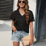Fashion Chiffon Jacquard V-Neck Top Short Sleeve Solid Color Womens T Shirts Wholesale
