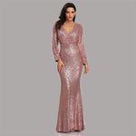 V-Neck Hollow Long Sleeve Sequin Prom Evening Dress Wholesale Maxi Dresses