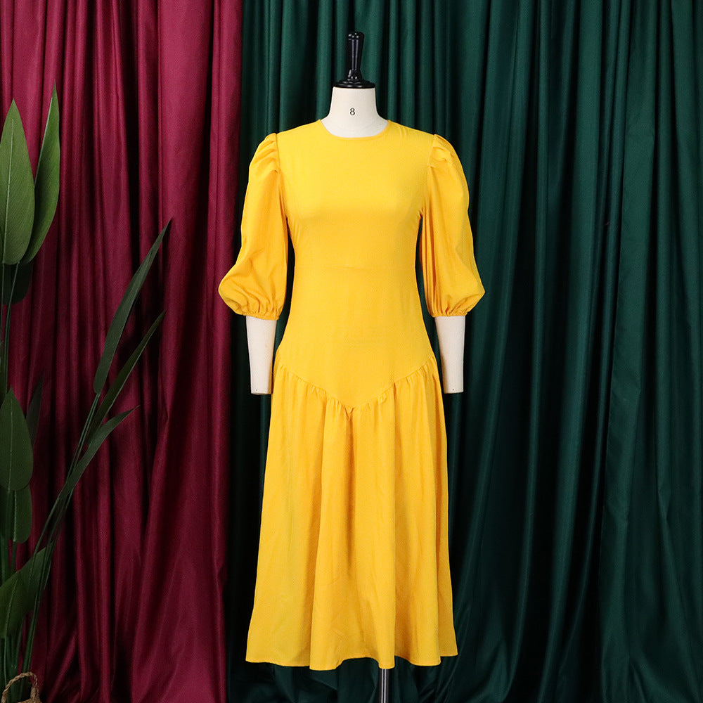 Solid Color Puff Sleeve Pleated Dress Wholesale Dresses