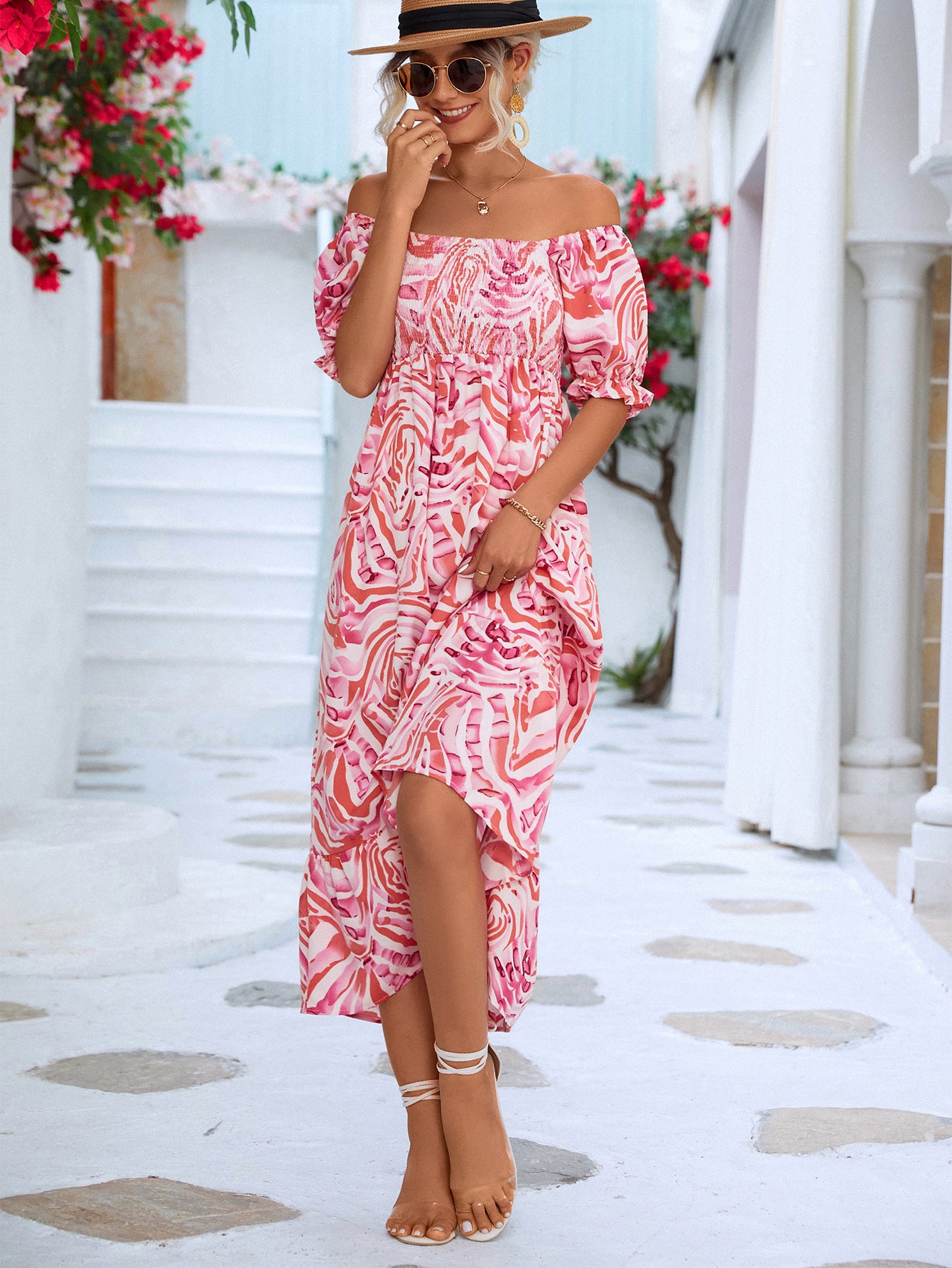 Off Shoulder Printed High Waist A-Line Dress Wholesale Dresses