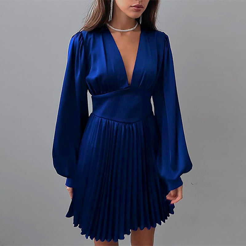 Long Sleeve Deep-V Sexy Pleated Satin Dress Wholesale Dresses