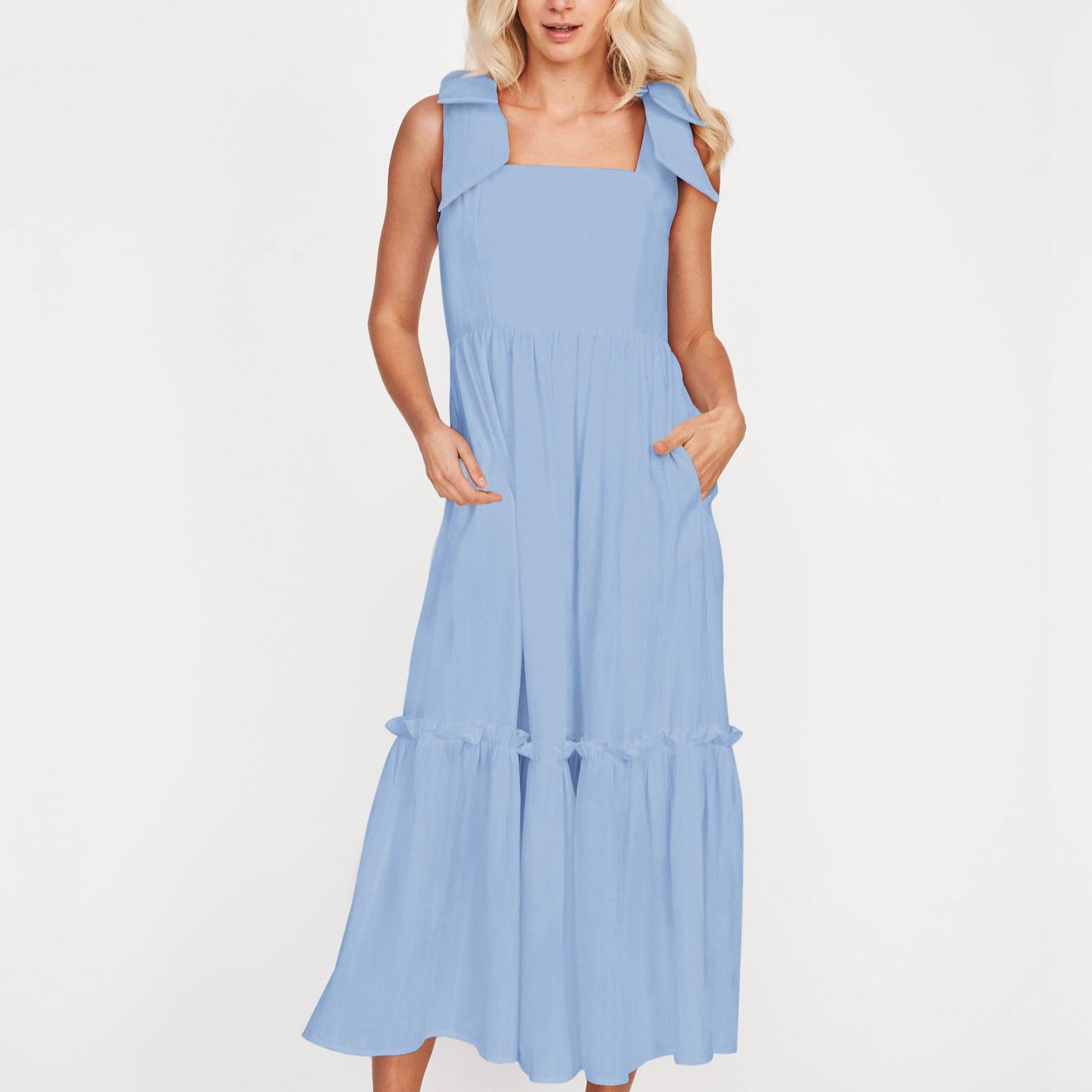 Lace Up Ruffle Solid Color Midi Slip Dress Wholesale Dresses