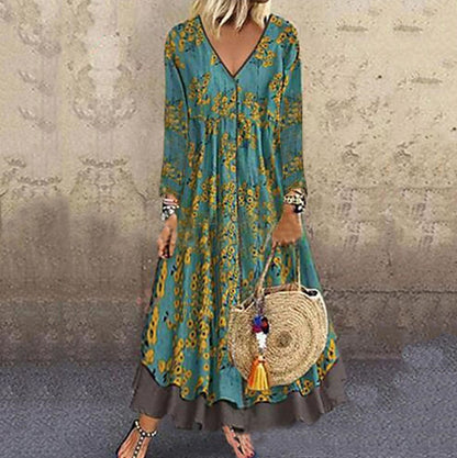 Fashion Long Sleeve Retro Print Maxi Dress V Neck Swing Loose Wholesale Dresses