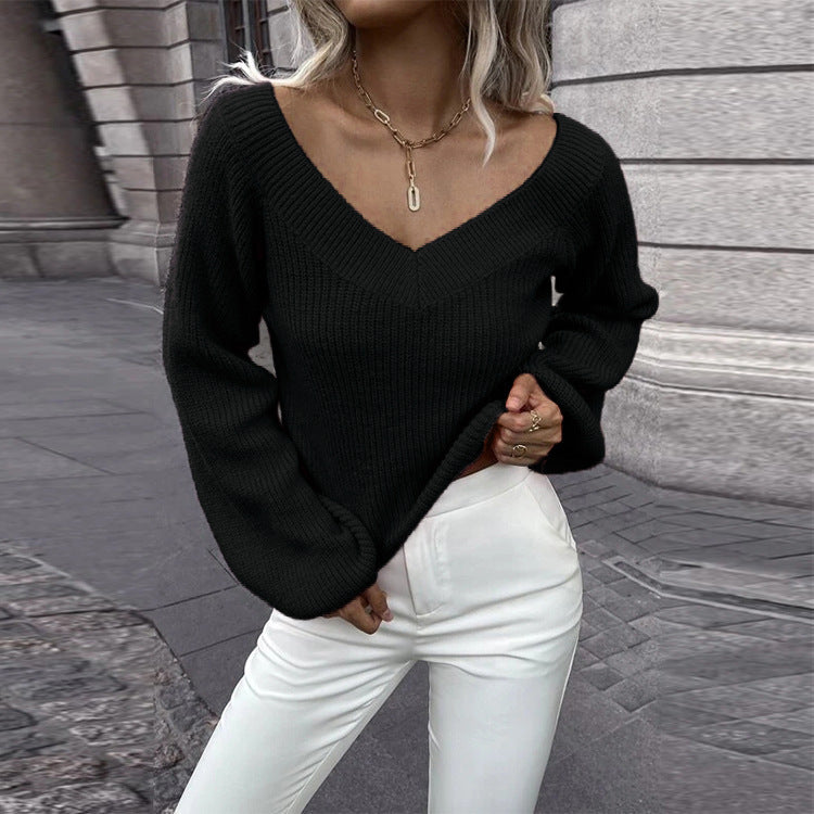 V-Neck Loose Pullover Balloon Sleeve Knit Sweater Wholesale Womens Tops