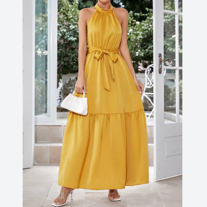 Halter Neck Solid Color Lace-Up A-Line Dress Wholesale Maxi Dresses