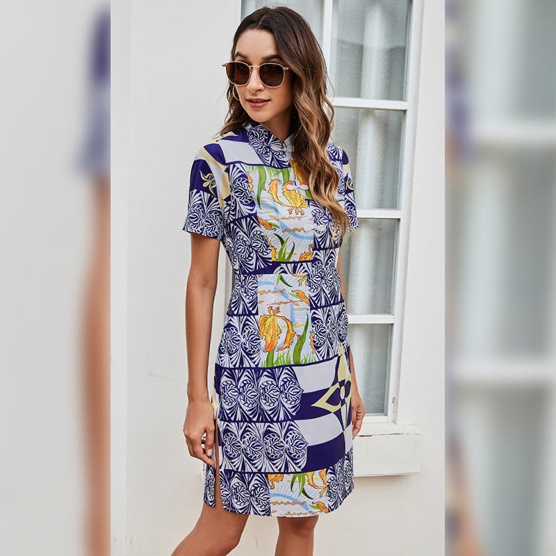 Summer Fashion Printed Short Sleeve Pullover Wholesale Ladies Shirt Dress Casual