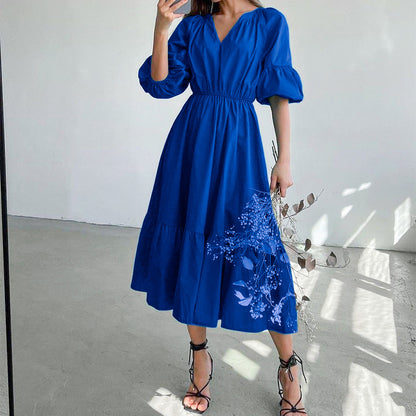 Klein Blue V Neck Puff Sleeve A-Line Dress Solid Color High Waist Midi Wholesale Dresses