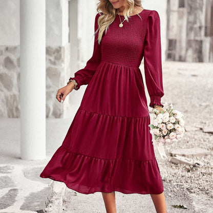 Solid Color Long Sleeve High Waist Smocked Swing Dress Wholesale Dresses