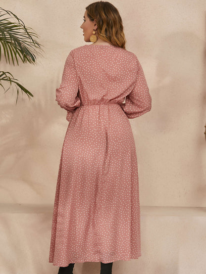 Chiffon Polka Dot Curvy Dress High Waist Long Sleeve Dresses Wholesale Plus Size Clothing