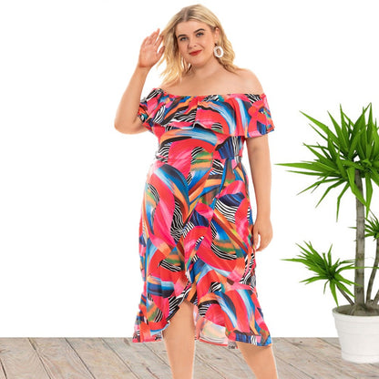 Summer Off Shoulder Short Sleeve Ruffle Printed Curve Dresses Vacation Wholesale Plus Size Clothing