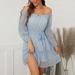 Sexy Off Shoulder Flocking Mini Dress Long Sleeve Solid Color Lace Up Flowy Wholesale Dresses