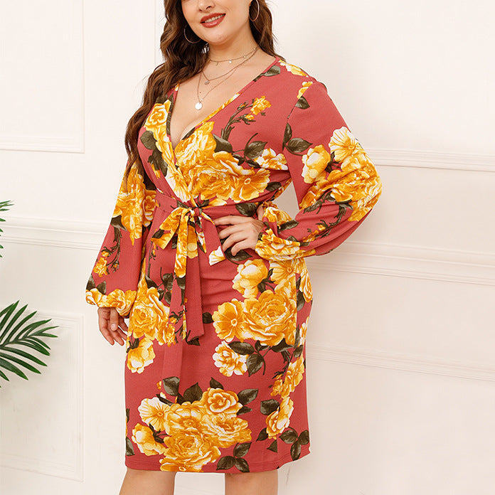 Floral Print Long Sleeve V Neck Tie Waist Wholesale Plus Size Dresses