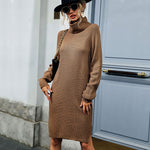 Fashion Loose Turtleneck Solid Color Long-Sleeved Knitted Midi Dress Wholesale Dresses