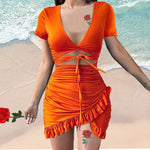 Deep-V Neck Printed Cutout Lace-Up Short-Sleeve Tight Ruffles Bodycon Dress Sexy Wholesale Dresses