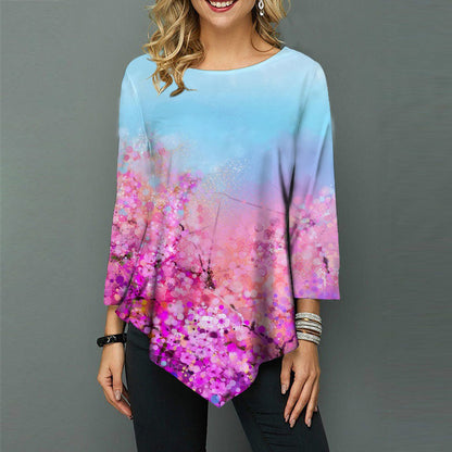 Fashion Print Tops Round Neck Irregular Hem Loose Wholesale Womens Long Sleeve T Shirts