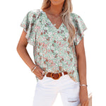 Floral Print Short Flare Sleeve V Neck Loose Womens Tops Casual Pullover Wholesale T Shirts