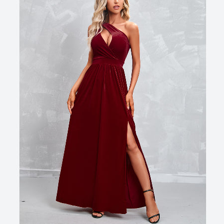 Slanted Shoulder Solid Color Hollow Sexy Slit Evening Dress Wholesale Maxi Dresses